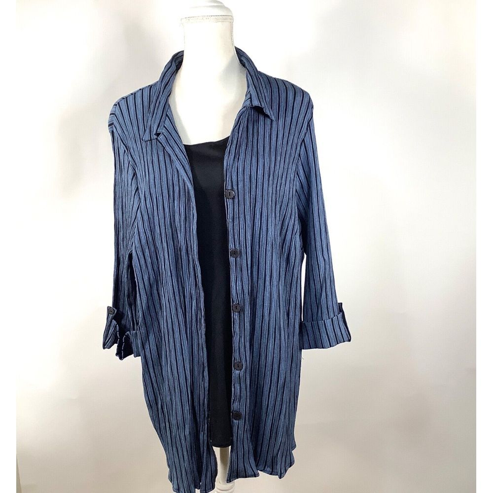 Maggie Barnes 3X Blouse Shirt Top Tank Blue‎ Black Striped 3/4 sleeves Womans